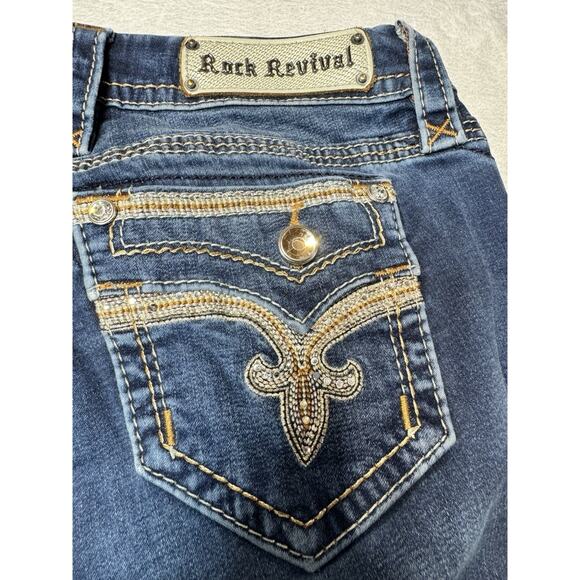 Rock Revival Womens Dark Denim Rhinestone Betty Jeans Size 27 True Size 32-34” - Picture 5 of 6